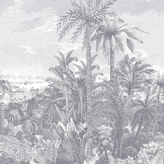 Tapet cu design tropical monocrom, Paradise Found, Monochrome Luxury Tropical