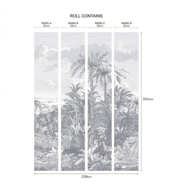 Tapet cu design tropical monocrom, Paradise Found, Monochrome Luxury Tropical