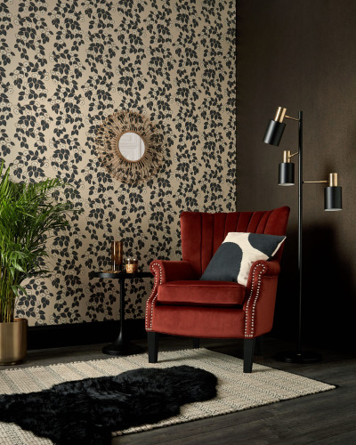 Tapet cu frunze negre pe un fundal crem, Jet Black Luxury Leaf, cu un design sofisticat