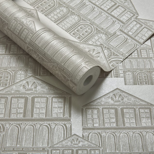 Tapet cu model elegant de cladiri in crem ivor, perfect pentru a crea un punct focal in living, dormitor sau birou.