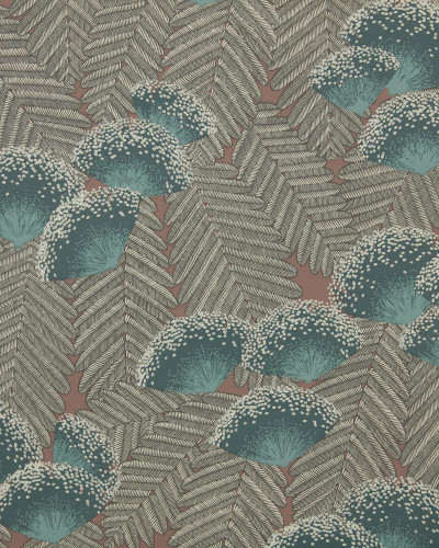 Tapet Cantaloupe Green Luxury Art Deco cu un design Art Deco inspirat de frunzele de palmier. Tonurile de verde și portocaliu se armonizează perfect.
