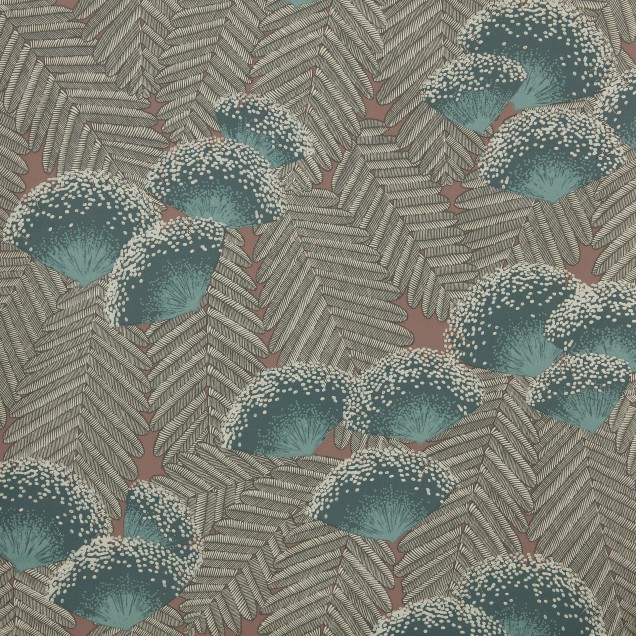 Tapet Cantaloupe Green Luxury Art Deco cu un design Art Deco inspirat de frunzele de palmier. Tonurile de verde și portocaliu se armonizează perfect.