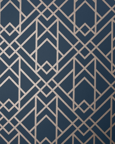 Tapet geometric Midnight Blue Luxury cu model elegant în albastru închis și roz auriu.