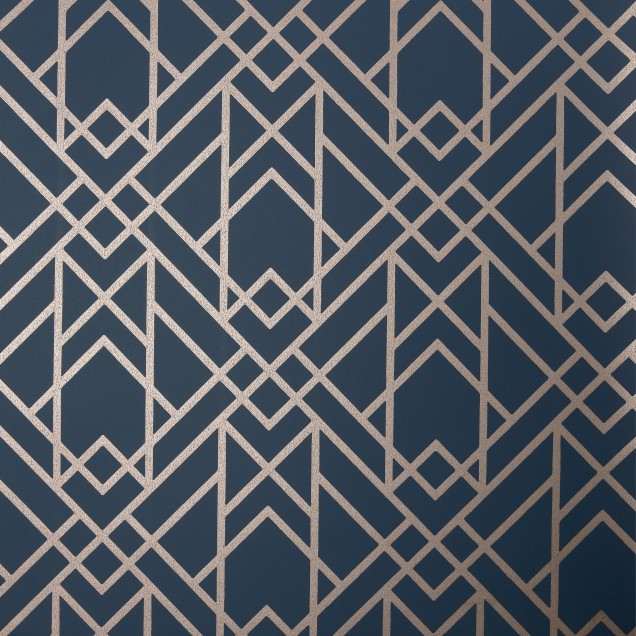 Tapet geometric Midnight Blue Luxury cu model elegant în albastru închis și roz auriu.