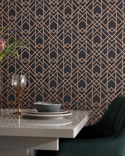 Jet Black and Gold Luxury Geometric wallpaper, a geometric design with thin gold lines on a black background.