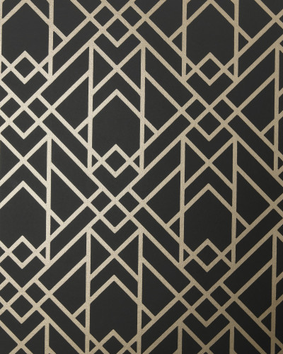 Jet Black and Gold Luxury Geometric wallpaper, a geometric design with thin gold lines on a black background.