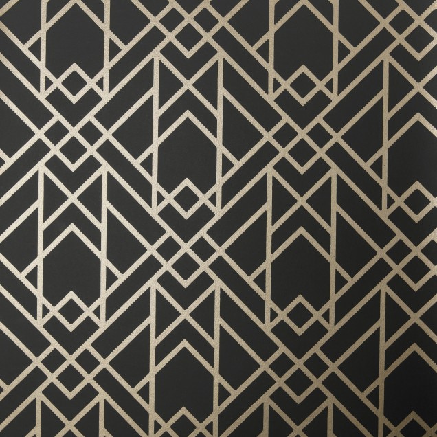 Jet Black and Gold Luxury Geometric wallpaper, a geometric design with thin gold lines on a black background.