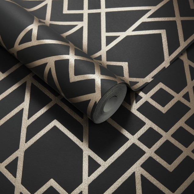 Jet Black and Gold Luxury Geometric wallpaper, a geometric design with thin gold lines on a black background.