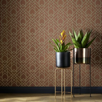 Tapet geometric modern cu linii fine aurii pe un fundal portocaliu cald