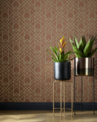 Tapet geometric modern cu linii fine aurii pe un fundal portocaliu cald