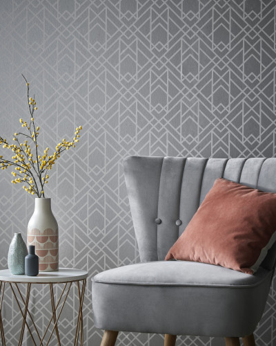 Tapet geometric gri moale și argintiu, cu design luxos