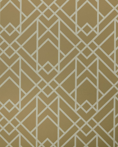 Mustard Yellow Luxury Geometric tapet cu model geometric pe fundal galben, cu un scaun verde si o planta cu flori albe in ghiveci auriu, in fata tapetului.