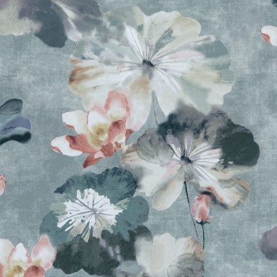 Tapet cu flori Water Lilies, Mineral Green Luxury Floral cu nuanțe de verde mineral și roșu aprins.