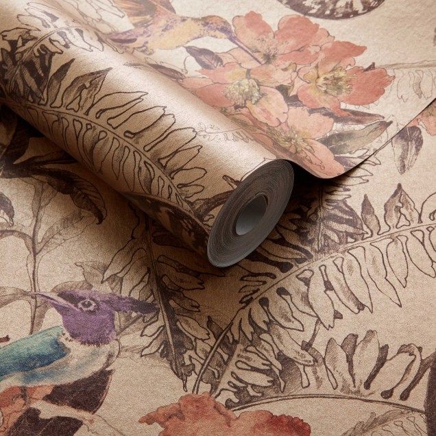 Tapet Hedgerow Copper Luxury Feature cu motive florale, păsări și frunze exotice