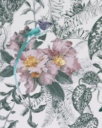 Tapet floral cu design delicat, Hedgerow, Chamomile Pink Luxury Feature, cu flori roz si frunze delicate, perfect pentru un dormitor modern.