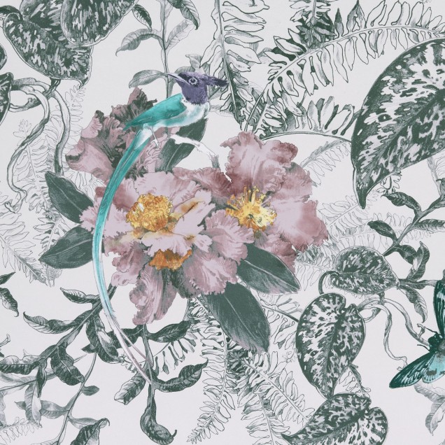 Tapet floral cu design delicat, Hedgerow, Chamomile Pink Luxury Feature, cu flori roz si frunze delicate, perfect pentru un dormitor modern.
