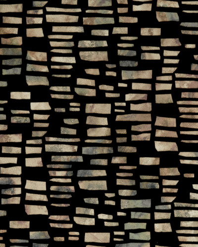 Wallpaper Fusion Bracken Black Luxury Flock, cu un model geometric în nuanțe de negru, maro și verde