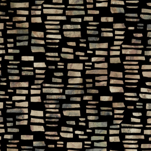 Wallpaper Fusion Bracken Black Luxury Flock, cu un model geometric în nuanțe de negru, maro și verde