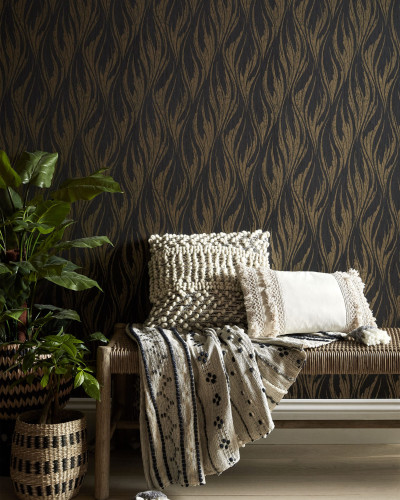 Tapet modern cu design bogat in nuante aurii si negre.