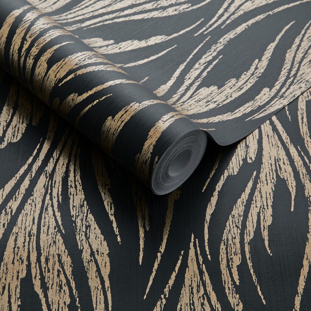 Tapet modern cu design bogat in nuante aurii si negre.