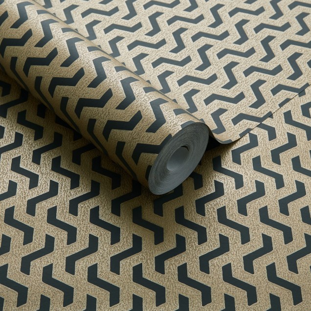Tapet geometric modern, cu nuanţă caldă de auriu şi accente negre, model rafinat