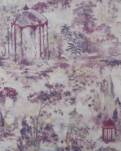 Tapet Pavilion, Rose Pink Luxury Toile, cu modele romantice de pavilioane și plante într-o schemă de culori roz pal.