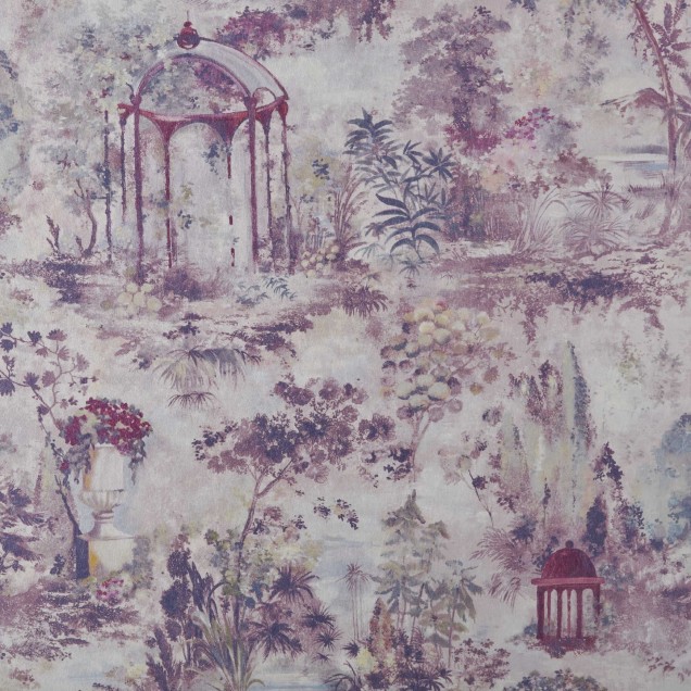 Tapet Pavilion, Rose Pink Luxury Toile, cu modele romantice de pavilioane și plante într-o schemă de culori roz pal.