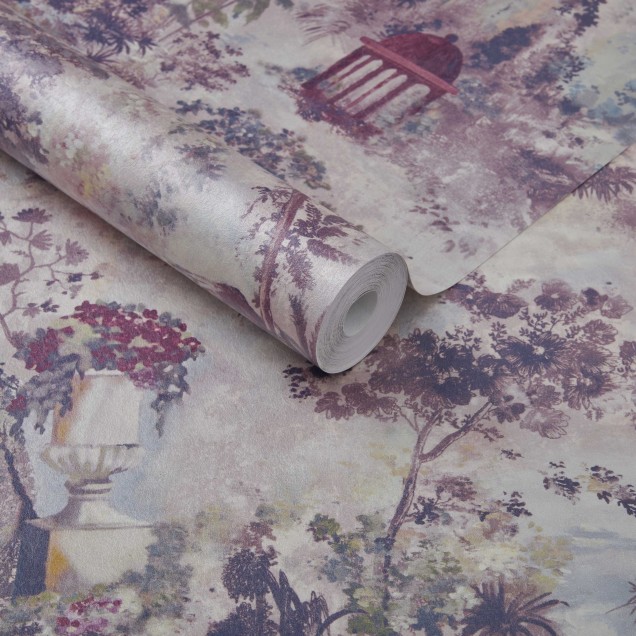 Tapet Pavilion, Rose Pink Luxury Toile, cu modele romantice de pavilioane și plante într-o schemă de culori roz pal.
