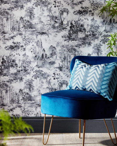 Tapet Pavilion Stone Grey Luxury Toile, design Toile de Jouy, tonuri de gri, 7mp/rola.