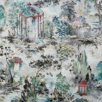 Tapet cu design Toile, cu o nuanță de verde luxuriant, prezintă o scenă inspirată de natură cu foișoare elegante și un design luxuriant al frunzelor.