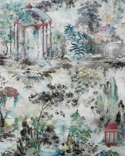 Tapet cu design Toile, cu o nuanță de verde luxuriant, prezintă o scenă inspirată de natură cu foișoare elegante și un design luxuriant al frunzelor.