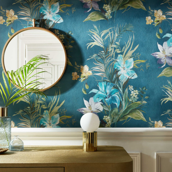 Lilliana, Peacock Blue Luxury Floral, 1838 Wallcoverings, 5.3mp / rola