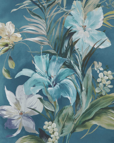Tapet floral cu flori albastre si galbene pe un fundal bleumarin elegant.