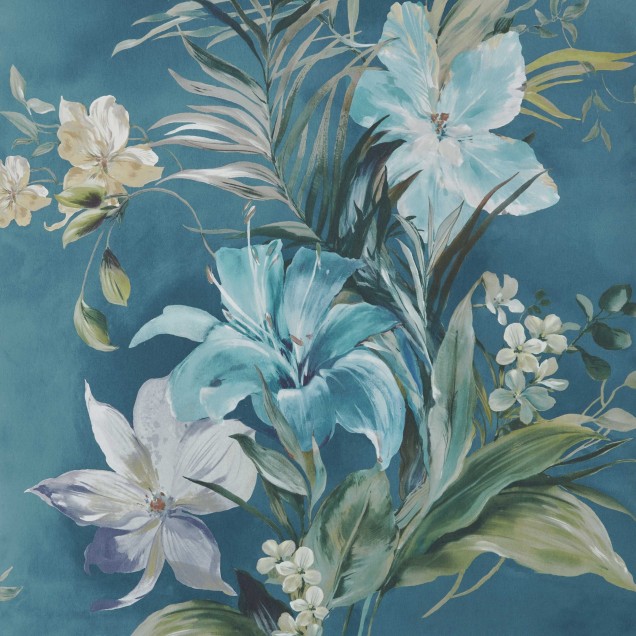 Tapet floral cu flori albastre si galbene pe un fundal bleumarin elegant.
