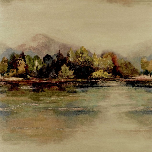 Tapet Lakeside, Autumn Gold - Peisaj de lux cu culori calde de toamnă, cu un lac liniștit și copaci în nuanțe de galben, roșu și verde