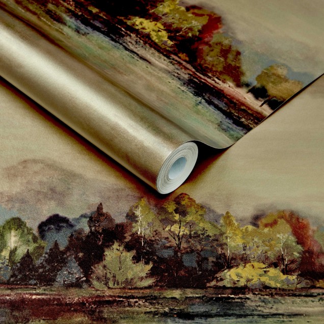 Tapet Lakeside, Autumn Gold - Peisaj de lux cu culori calde de toamnă, cu un lac liniștit și copaci în nuanțe de galben, roșu și verde