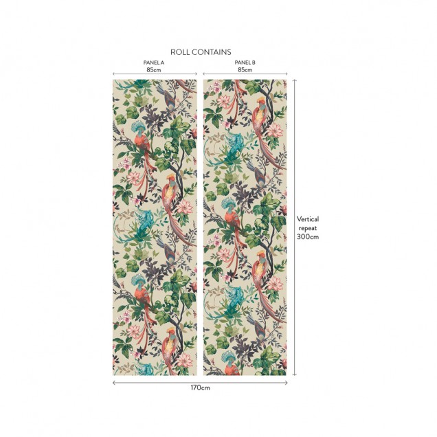 Tapet cu model floral elegant, cu păsări exotice, frunze luxuriante și detalii elaborate. Tapetul este realizat din fibre naturale, cu o textură bogată.