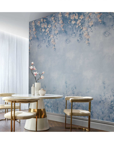 Tapet floral cu magnolie albă pe fundal Chambray Blue