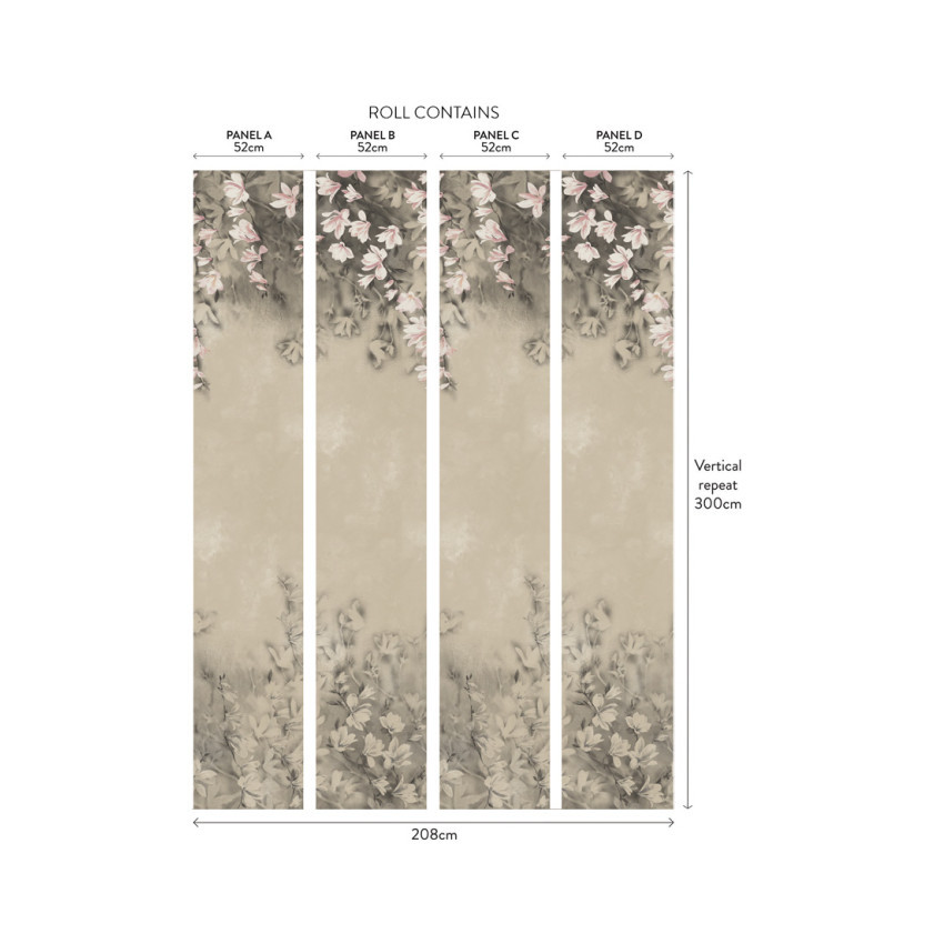 Tapet Trailing Magnolia Blush Pink Luxury Floral cu flori de magnolie roz pudrat.