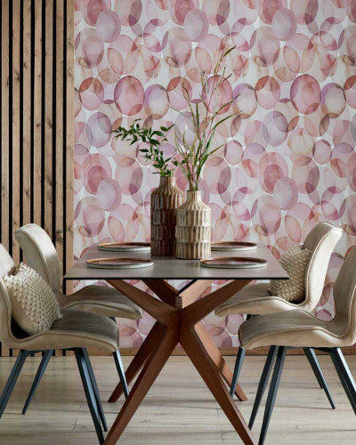 Tapet geometric modern cu cercuri transparente in nuante de roz pal