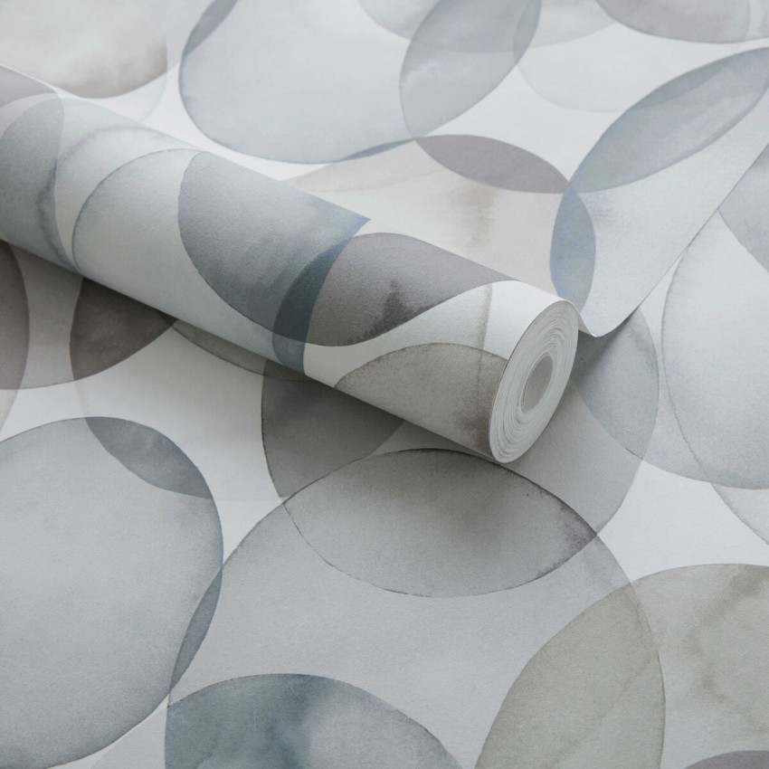 Wallpaper geometric cu cercuri in nuante de albastru opalescent, perfect pentru a crea un aspect modern si sofisticat.