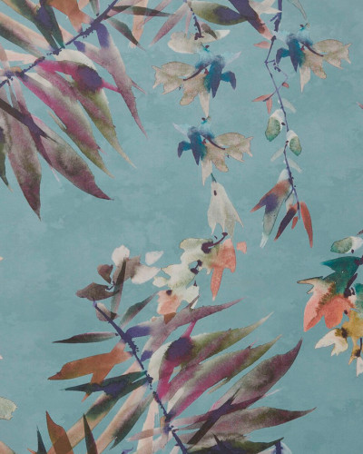 Tapet floral teal cu flori delicate și frunze bogate.