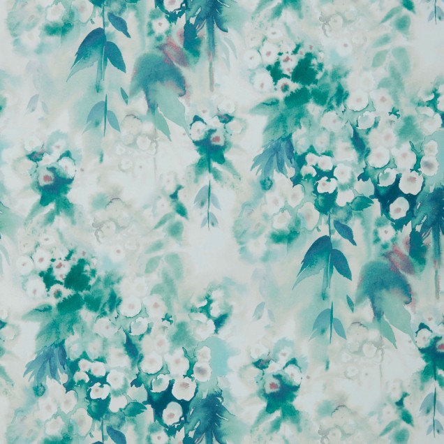 Tapet floral verde smarald cu flori albe delicate pe un fond alb