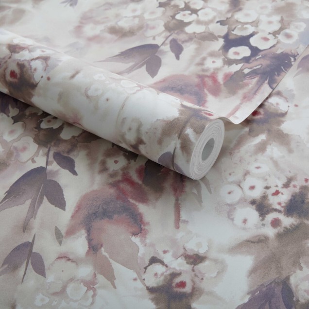 Tapet floral cu design abstract în nuanțe calde de roz și nisip.