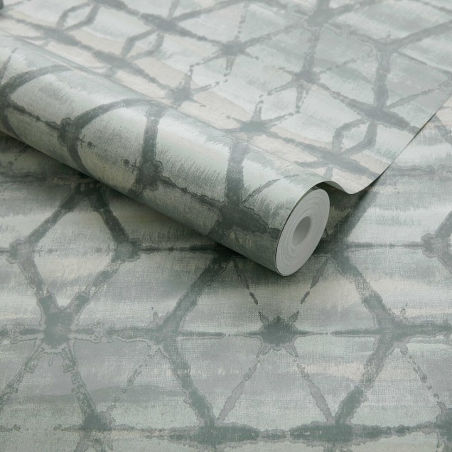 Tapet geometric modern in nuanțe de verde eucalipt și gri, cu model minimalist și textură subtilă. Perfect pentru living, dormitor sau hol.