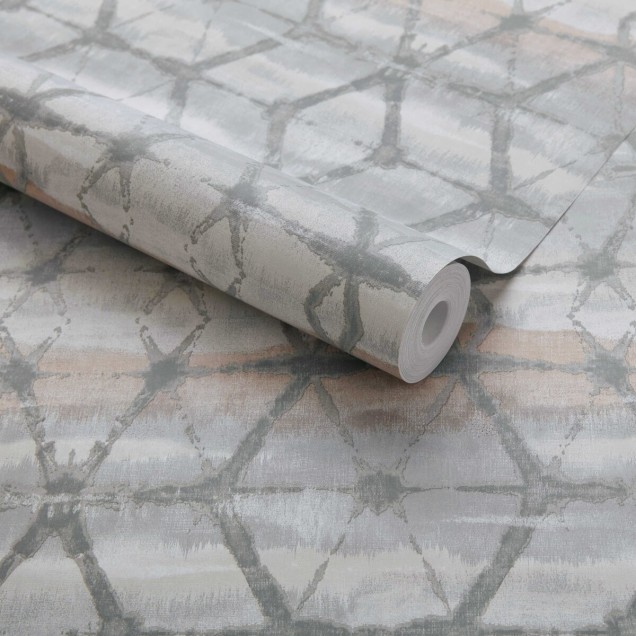 Tapet geometric cu design inspirat de marmură în nuanțe de gri și roz pal