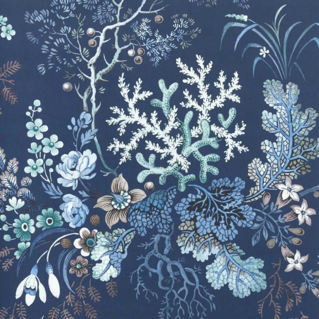 Tapet floral albastru cu accente de coral