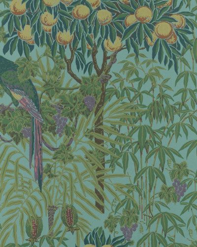 Tapet cu design tropical, cu papagali macaw și fructe galbene pe un fundal verde turcoaz