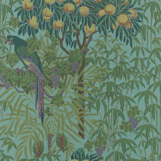 Tapet cu design tropical, cu papagali macaw și fructe galbene pe un fundal verde turcoaz