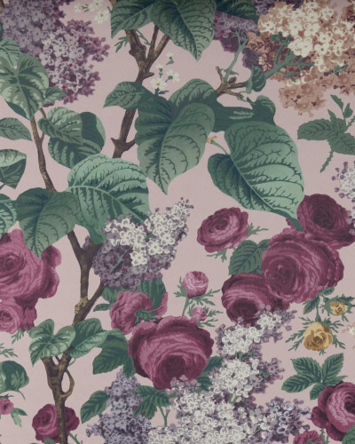 Wallpaper cu flori roz, albe și verzi pe un fundal roz pal, Floribunda Blush Pink.